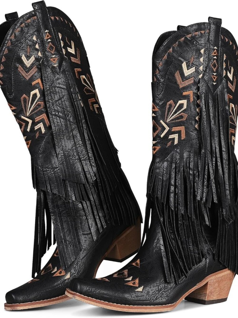 Women's Black Tassel Pull On Western Cowgirl Boots Knee High Fringe Boots